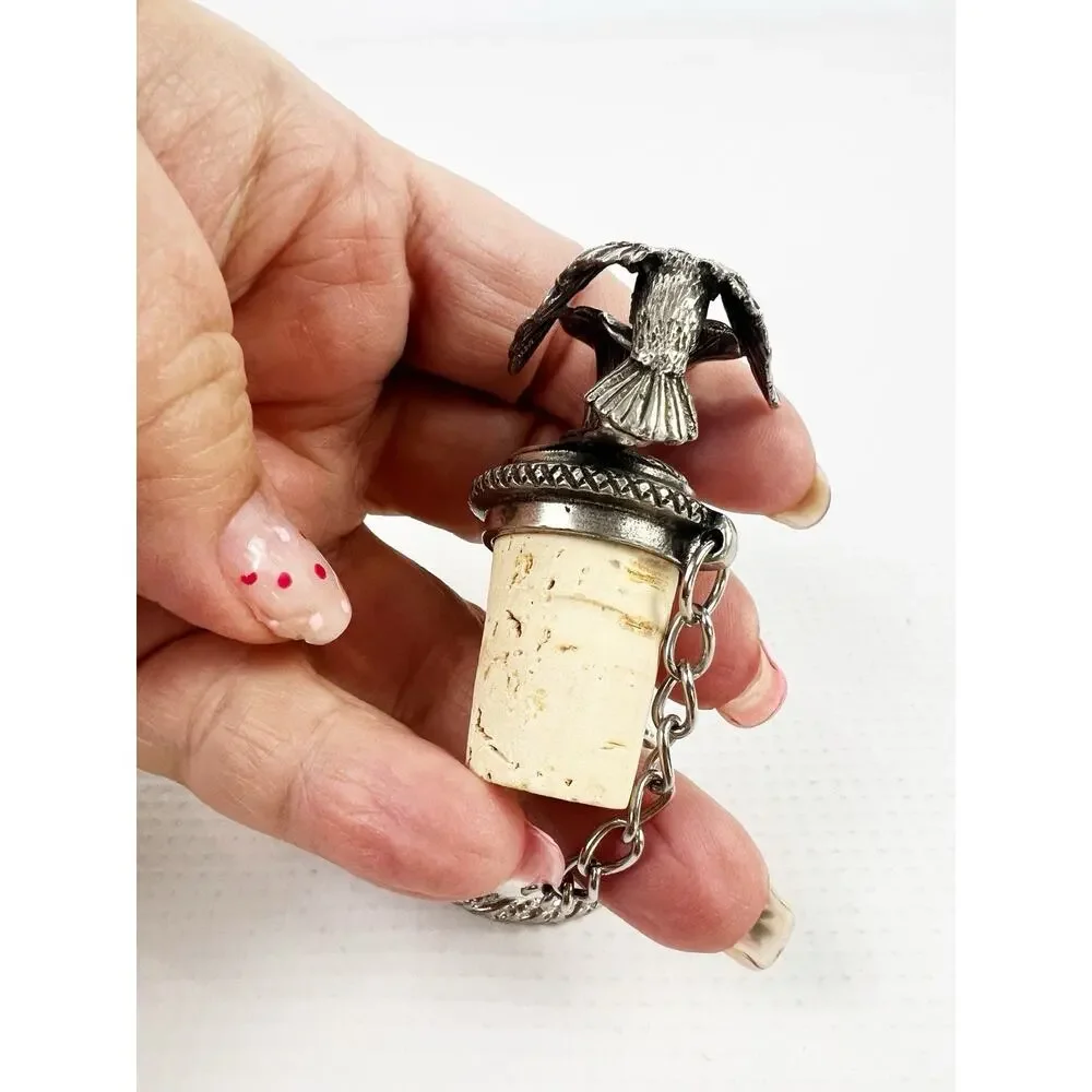Vintage Wine Bottle Stopper Pewter Hummingbird Natural Cork Chain And Ring